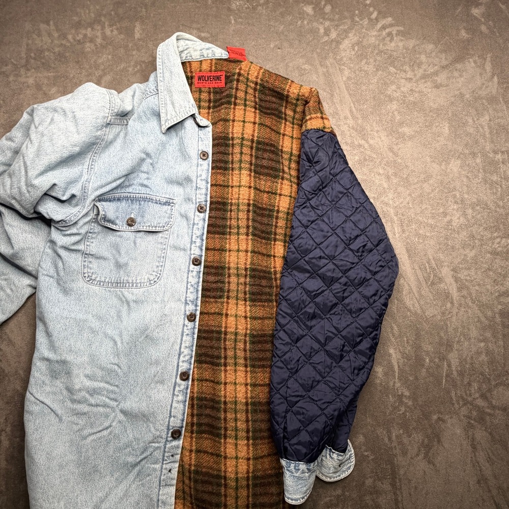 Wolverine Shirt Jacket Sz S Mens Light Wash Denim Plaid Fleece Lined Shacket - Picture 7 of 10